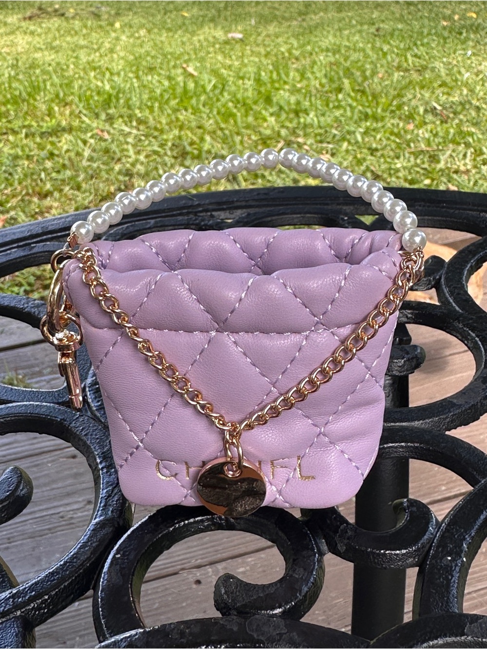 CC Quilted Lilac Mini Shoulder Bag with Pearl Handle Bag charm